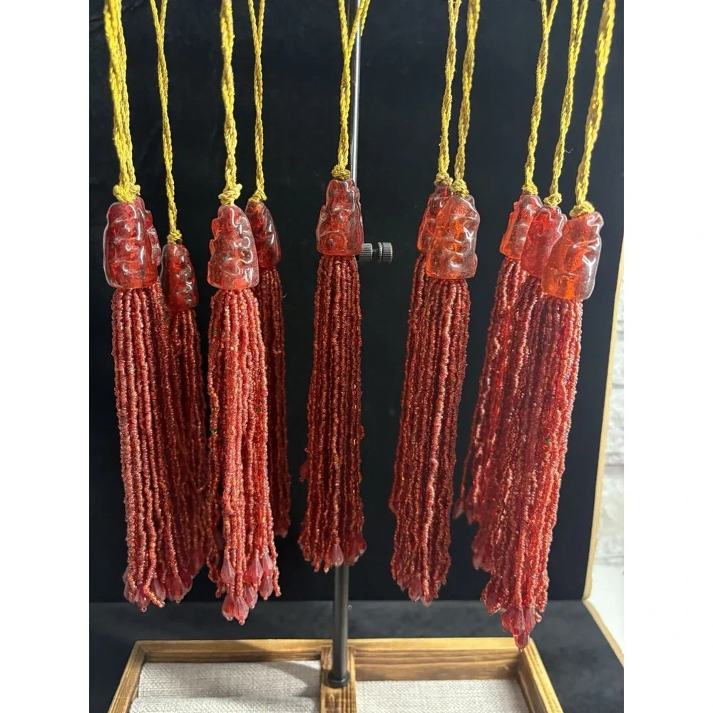 Lot Of 12 Red Glass‎ Bead Tassel Ornaments Vintage Christmas Gold String